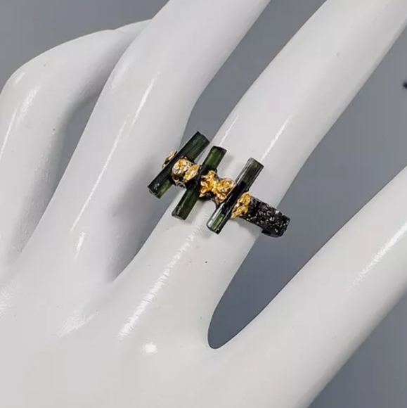 Triple green tourmaline & sterling & gold ring sz 7.5 - Picture 6 of 13